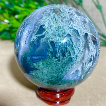 Grün Mosagate Kristall Quarz Natürliche Stein Kugel Reiki-Wichcraft Mineralien Handarbeit Ball-Haus Dekoration Home +Ständer