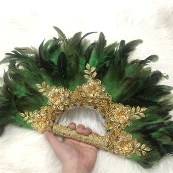 1pcs African Green Handmade-Hand-Fan Damen der Türkei Feder HandFan für die Hochzeit mit Blumen-Eine Seite Griff Dance Fans