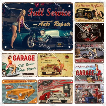 Vintage Pin-Up-Girl Und Garage Metal Tin Sign Gas Station Garage Dekor Platte Wand-Kunst-Malerei-Poster-Full-Service-Auto-Reparatur