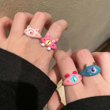 2023 New Cute Pink Monster Ringe für Frauen Mädchen Fashion Lustige Zwei Farbe Katze Augen Offen Paar Finger Ring Hochzeit Schmuck