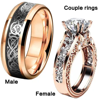 Mode Paar Ringe Frauen goldene Inlay Weiß Kristall CZ Ringe Set Golden Dragon Korn Edelstahl Herren Ring Hochzeit Band