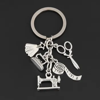 Neue Nähmaschine Schlüsselanhänger Schneider-Schlüsselanhänger-Eisen-Maßband-Schere-Kleid Schlüssel Kette für Frauen Geschenk DIY Schmuck Handgemachte