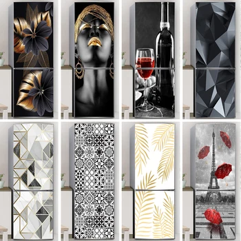 Schwarz-Gold-Kühlschrank Tür Aufkleber Selbst Klebstoff Wasserdicht 3D Tapete Kühlschrank Door Wrap Mural Abdeckung Hause Zimmer Küche Decor