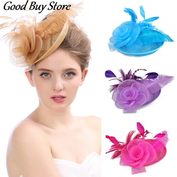 Hochzeit Cocktail Tea Party Headwear Frauen Floral Haar Clip Elegante Fascinators Caps Mesh Blume Feder Kappe Neue Jahr Mode