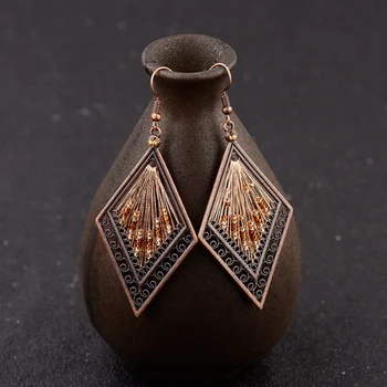 Frauen Ethnische Seide Rhombus-Legierung Perlen Tropfen Ohrringe Mode Schmuck Vintage Zigeuner Boho Oorbellen Ohrringe Jhumka
