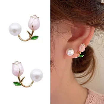 Tanada Französisch Licht Luxus Rosa Tulpe Blume Perle Stud Ohrringe Für Frauen Koreanische Exquisite Ohrring Party Schmuck Geschenk