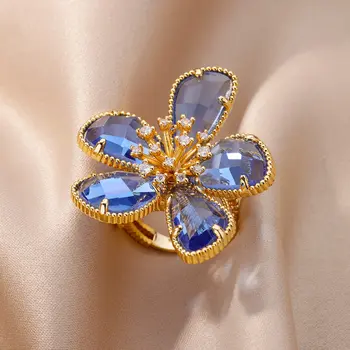 Blau Zirkon Blume Ringe für Frauen Einstellbare Luxus Edelstahl Ring 2023 Trend Hochzeit Schmuck-Kostenloser Versand-Einzelteil-anillos
