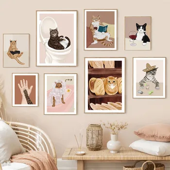 Lustige Wein-Schwarze Katze Wand Kunst Leinwand Malerei Nodic Poster Und Drucke Wand Bilder Für Wohnzimmer Hause Dekoration