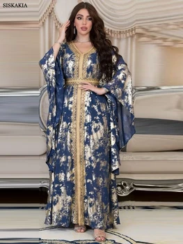 Luxuriöse Frauen Jalabiyat marokkanischen Kaftan Abaya Dubai Print V-Neck Guipure Lace Tape Belted Kleid islamischen Kleider Für Frauen