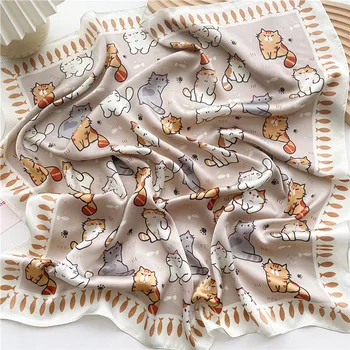 2022 Spanien Luxus Marke Platz Silk Schal Schöne Cartoon Katze Muster Silk Schals und Wickel-Tasche Schals Haar Krawatte Stirnband 70*70Cm