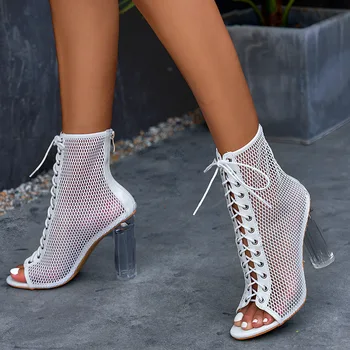2023 Neue Mode Kristall Dicke Ferse Transparent Ferse Lace-up Nackte Stiefel Atmungsaktive High Heel Cool Stiefel Damen-Schuhe
