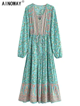 Vintage Chic Laterne Hülse Bohemian Maxi Kleider für Frauen Lose V-Ausschnitt Grün Floral Print Damen Rayon Sommer Boho Kleid Robe