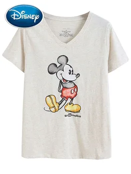 Disney Vintage Mickey-Mouse-Cartoon-Print Distressed Wasser Waschen T-Shirt Women Short Sleeve Deep V-Neck Tee Top-Weiblich 2 Farbe
