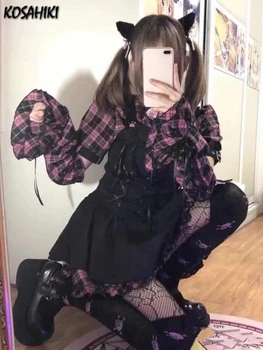 KOSAHIKI japanischen Lolita Kleid Frauen Plaid Bandage JK-Rüsche-Op-Kleider, Kawaii Long Sleeve Robe Sommer Elegante Vestido De Mujer