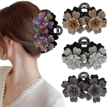 Neue Doppel Blume Haar Krallen Clips Haarnadeln Für Mädchen Frauen Mode Strass Hairgrip Barrettes Haar Krabben Haar Zubehör
