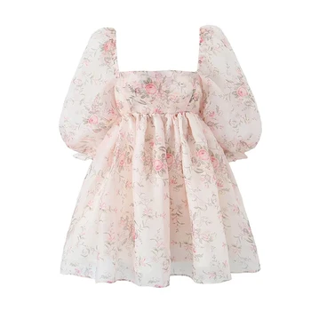 YENKE 2023 Süße Prinzessin Floral Print Organza Kleid Vintage Puff Sleeve Square Neck Damen Party Mini Fairy Robe