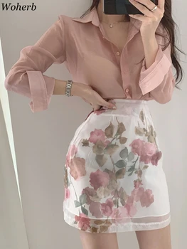 Woherb Koreanische Chic Transluzenten Dünne Bluse Floral Print Frauen Sommer Elegante Büro Dame Outfits Shirt 2023 Sommer Blusas Femme