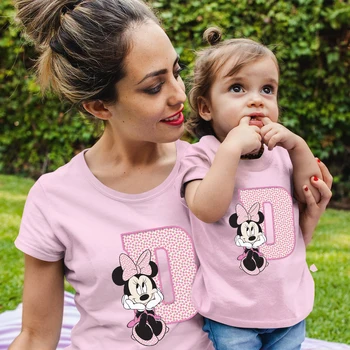 Disney-Familie Passenden Kleidung Nette Minnie Brief Drucken Rosa Mutter Tochter T-shirt Gleiche Kawaii Harajuku Mädchen Shirt europäischen