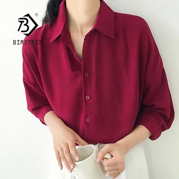 Neue Ankunft Frauen Solide Drehen-unten Kragen Chiffon-Bluse Oversize-Taste Wein Red Shirt Korea Stil Feminina Blusa T9O905F