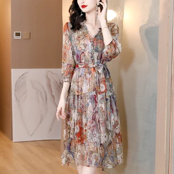 Frauen Floral Silk Ruffled V-Ausschnitt Midi-Kleid Sommer Koreanische Elegante Casual Party Vestidos 2023 Fashion Chic Luxury Festival Kleid