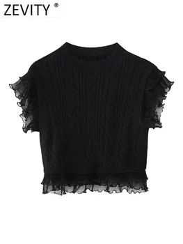 Zevity Frauen Mode O Ausschnitt Falte Rüschen Chiffon Patchwork Knitting Kurz Kittel Bluse Shirt Weibliche Crop Blusas Chic Tops LS3280