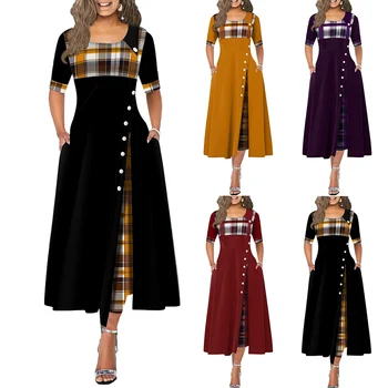 Frauen Elegante Lange Plaid Print Party Kleider England Stil Unregelmäßigen Robe Damen Vintage Taste Kleid Patchwork A-Linie Kleider