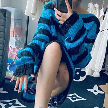 Neue Hohe Qualität koreanische Version Frauen Ripped Pullover Weiblich Paar Streifen Lose aushöhlen Y2k Top Langarm Pullover