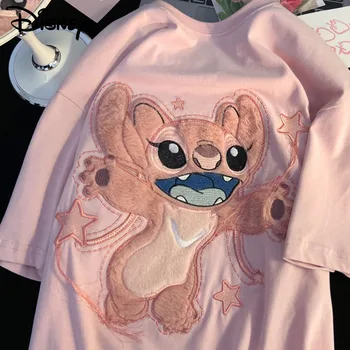 Disney Stitch Y2k-Rosa-T-Shirt für Frauen 2023 Sommer Baumwolle Nette Stickerei T-Stücke Mädchen Kurzarm O-neck Top Grafik Kawaii Kleidung
