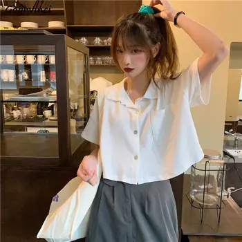 Shirts Frauen Tasche Feste Kurzarm Casual Süße Einfache Sommer Crop Tops Damen Koreaner Stil Chic Streetwear Trendy