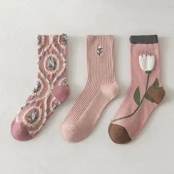 Rosa Socken Stickerei Blume Harajuku Retro Vintage Frauen Socken College Stil Hohe Schule Mädchen Japanischen Kawaii Nette Lange Socken