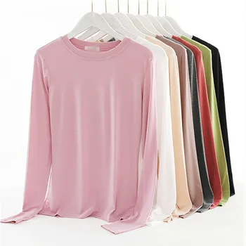 Lange Hülse Modale T-Shirt Frauen Casual O Neck Spitze Solide Slim T-Stücke Basis Shirt Korea Frühling Herbst Stretch T-Shirt Gute Qualität