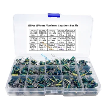 225Pcs/Box Kondensator Kit Alu-Elektrolytkondensatoren Set 15Values 16V-50V 1uF-470uF Assorted Kit Storage-Low ESR