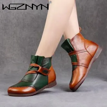Mode Neue Riemchen-Stiefel Frau Winter 2023 Schuhe für Frauen Herbst Ankle-Boots aus Leder Haken Schleife Booties Damen-Grün-Retro-Schuh