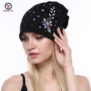 CHING YUN Frauen Kaschmir stricken Hut neue weiche Winter Warme Strass Stickerei Hohe Qualität Weibliche einfarbig Gestrickte Hut B19-13