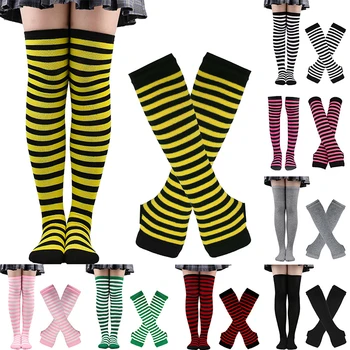 Frauen Mädchen Gestreiften Strumpf Über Knie Hohe Socken & Handschuhe Set Warme Baumwolle Socken Cosplay Plus Größe Lange Socken Gestreiften Arm Sleeve