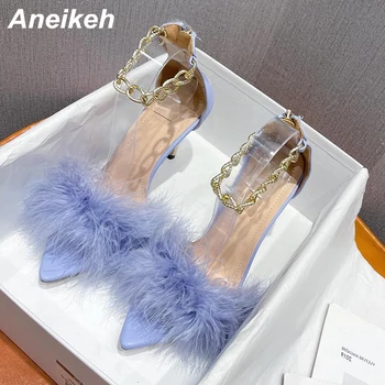 Aneikeh 2024 NEUE Süße Stiletto Heels Sandalen Metall Decoratio Frauen Zipper Party PU Schuhe Mode Trend Faux Pelz Sommer 35-41
