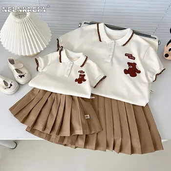 Mutter Kinder Sommer Kurz-Hülse Vintage Stickerei Bär Faltenrock Polo-shirts, Bodys, Kleider Mädchen-Baby Kleidung