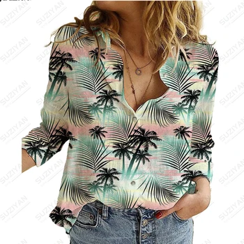 2023Spring Herbst Neue Frauen Hawaiian Langen ärmeln T-Shirt mit Blättern und Blumen 3D Gedruckt Polo Kragen Taste Lange ärmeln Top