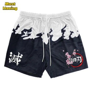 Anime Dämon Slayer Fitness-Workout-Shorts für Männer Stilvolle Chic Casual Shorts mit Taschen 5 Zoll Quick Dry Running Training Fitness