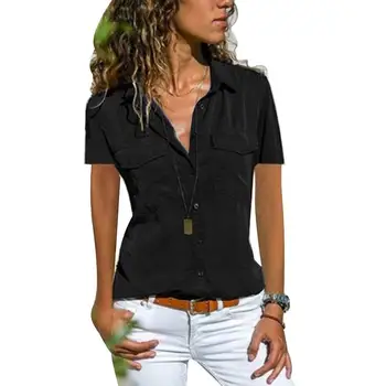 Elegante Mode Frau Blusen 2022 Revers Solid Color V-Neck Short Sleeve Women Shirt Bluse Schwarz S-8XL Top-Frauen Kleidung
